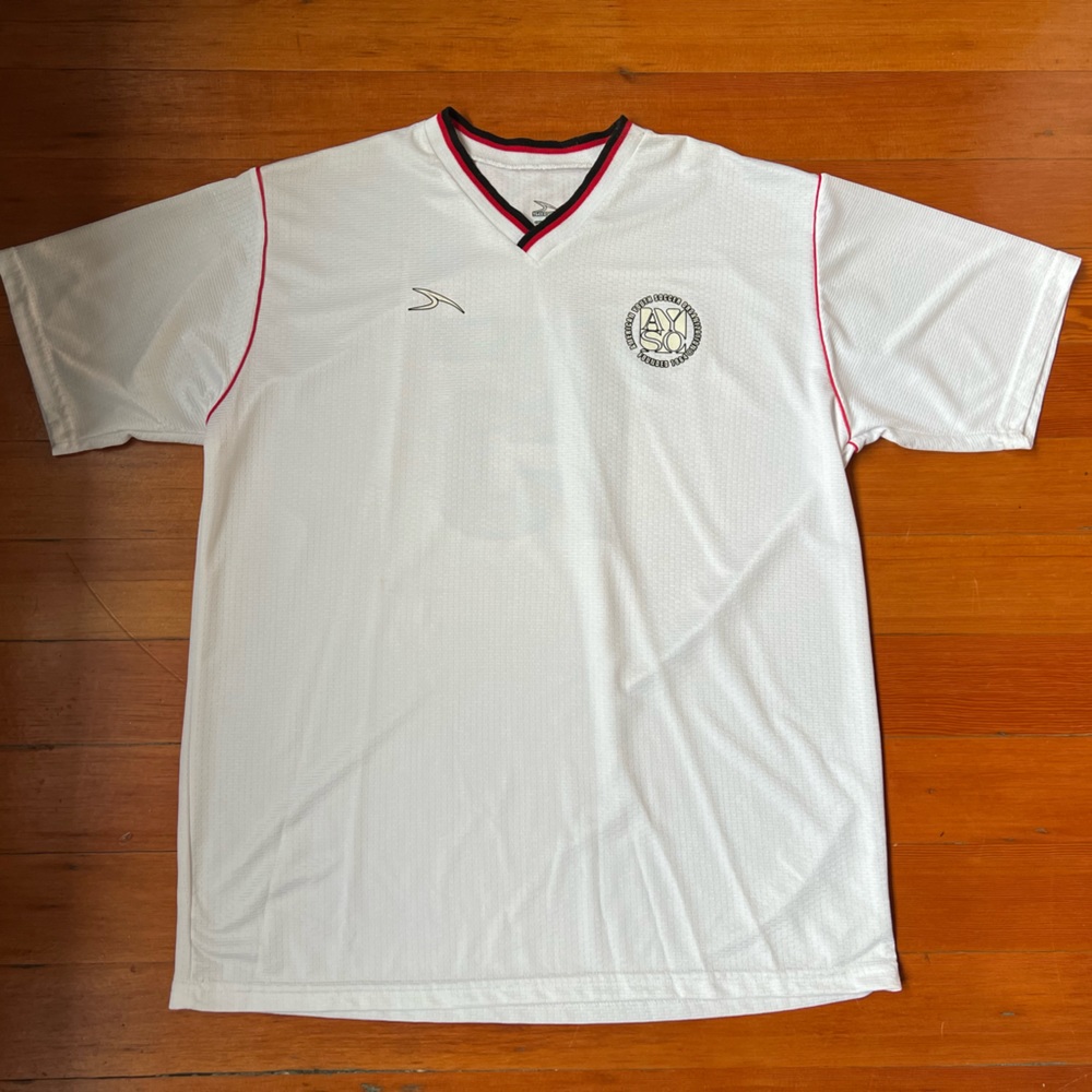 Men’s Score Large soccer V-neck jersey AYSO white